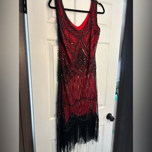 Red and Black Beaded Fringe Dress